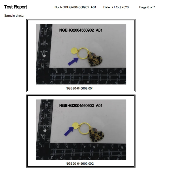 Aubade SGS Test Report Acrylic Heart Keychain NGBHG2004560902 Certificates