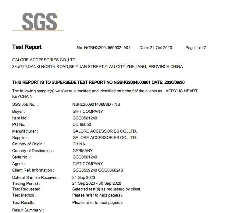 Aubade SGS Test Report Acrylic Keychain NGBHG2004560902 Certificates